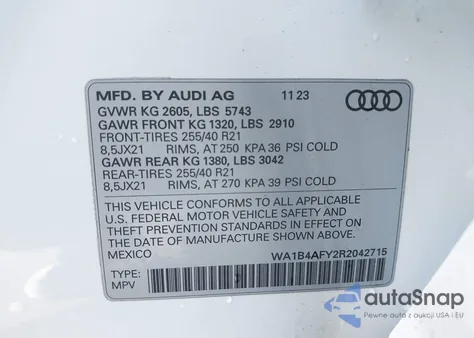 2024 Audi Sq5 Premium Plus Tfsi Quattro Tiptronic из США, поврежденный, VIN WA1B4AFY2R2042715